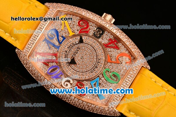 Franck Muller Cintree Curvex Swiss Quartz Rose Gold/Diamonds Case with Diamonds Dial Colorful Numeral Markers and Yellow Leather Strap - Click Image to Close